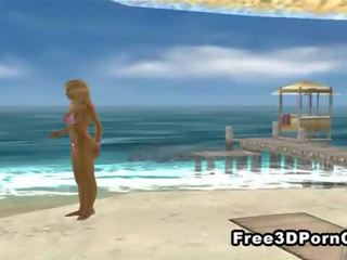 Smashing 3d karikatura blondýnka masturbuje na the pláž